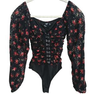 Floral sexy bodysuit. Office siren. Corset lacing.Red/Blk. Sheer.Vamp/Goth Y2K